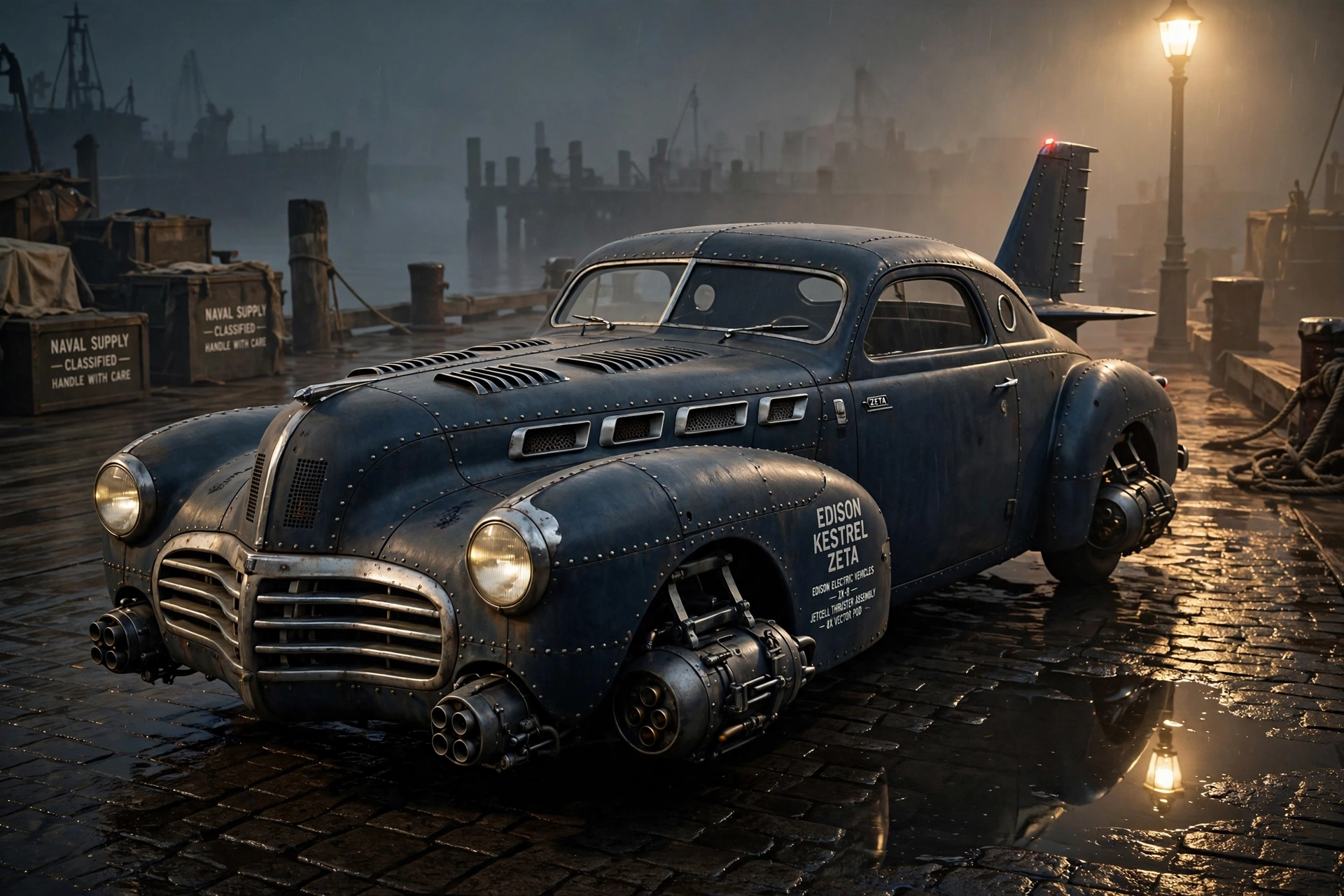 Edison Kestrel Zeta two-door lift coupe on a foggy pier at night