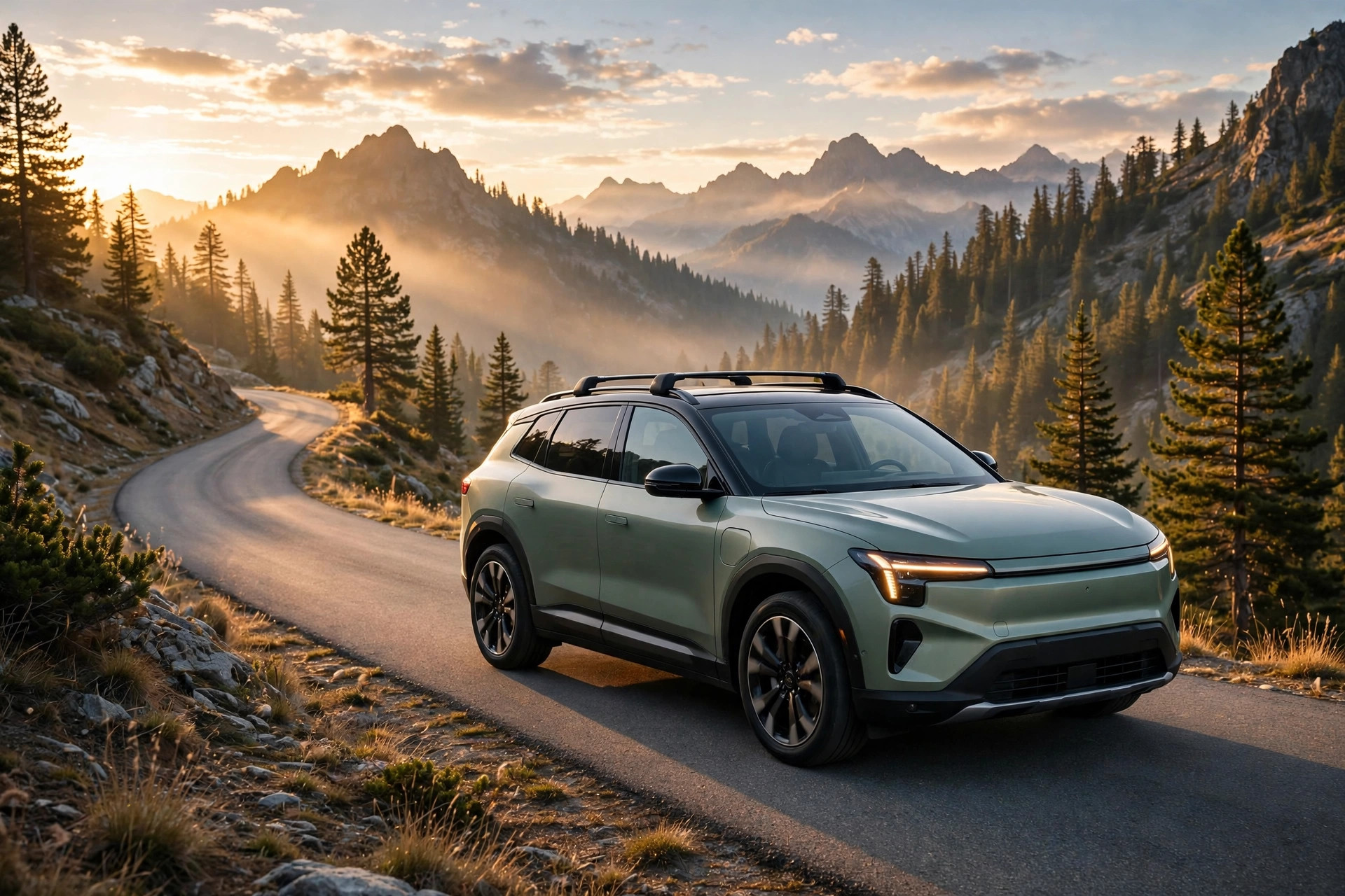 Sage green Edison Wayfarer electric SUV on a mountain road